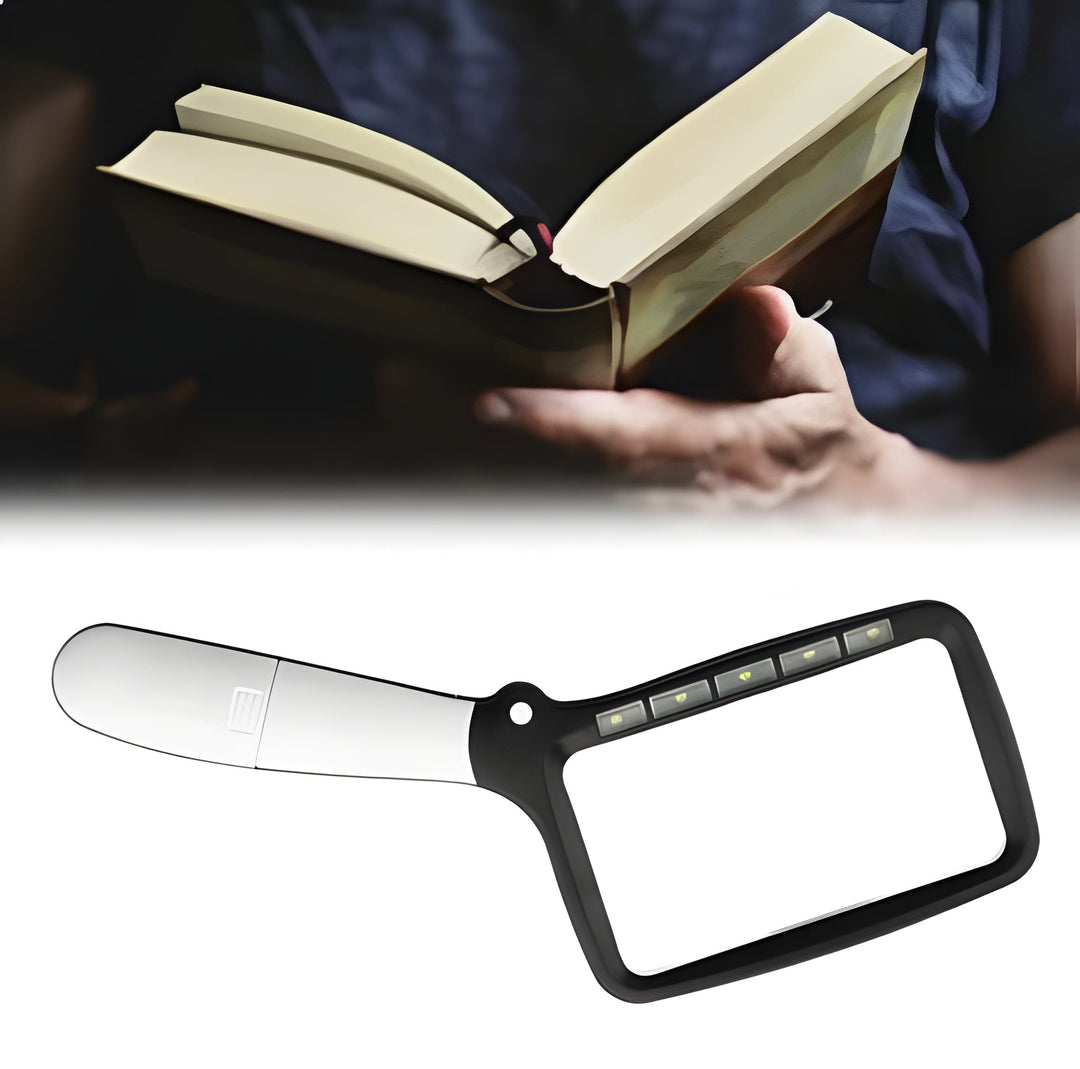 Foldable portable LED magnifying glass for reading, perfect vision aid for books, maps & small print.