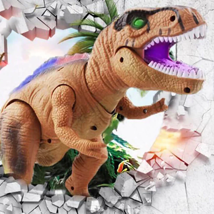 Kids playing with an interactive remote control T-Rex dinosaur toy, lights on, mid-roar.