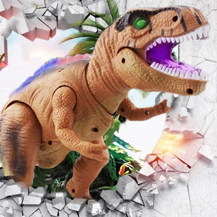 Kids playing with an interactive remote control T-Rex dinosaur toy, lights on, mid-roar.