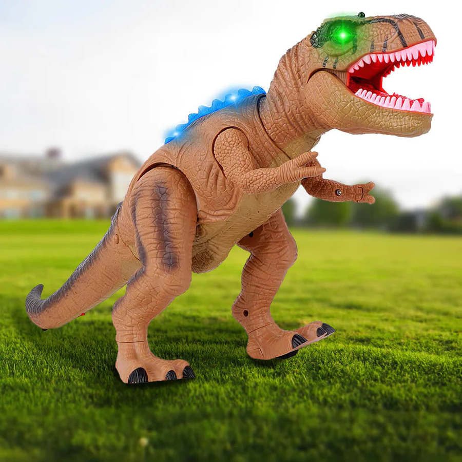 Dynamic view of the walking T-Rex dinosaur toy, highlighting its articulation and LED-lit eyes.