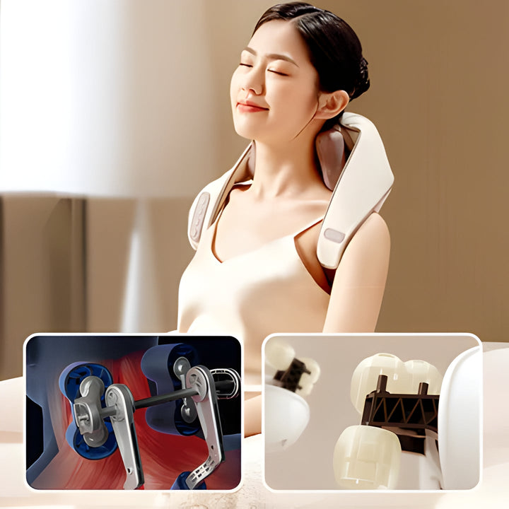 Ergonomic unisex neck and shoulder massager, ideal for pain relief, muscle relaxation & self-care. Includes heat.