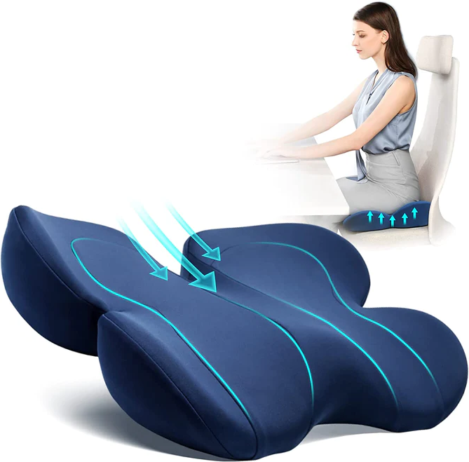 Ergonomic seat cushion for tailbone pain relief, posture support, and pressure relief.