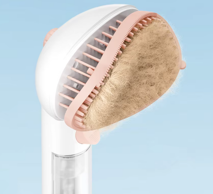 Pet grooming tool: dry foam brush with dispenser, designed for effortless and mess-free pet cleaning.