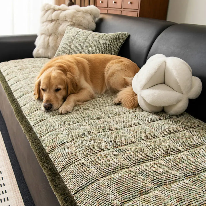 Pet-friendly non-slip chenille couch cover in a neutral tone with frayed edges, protecting a sofa