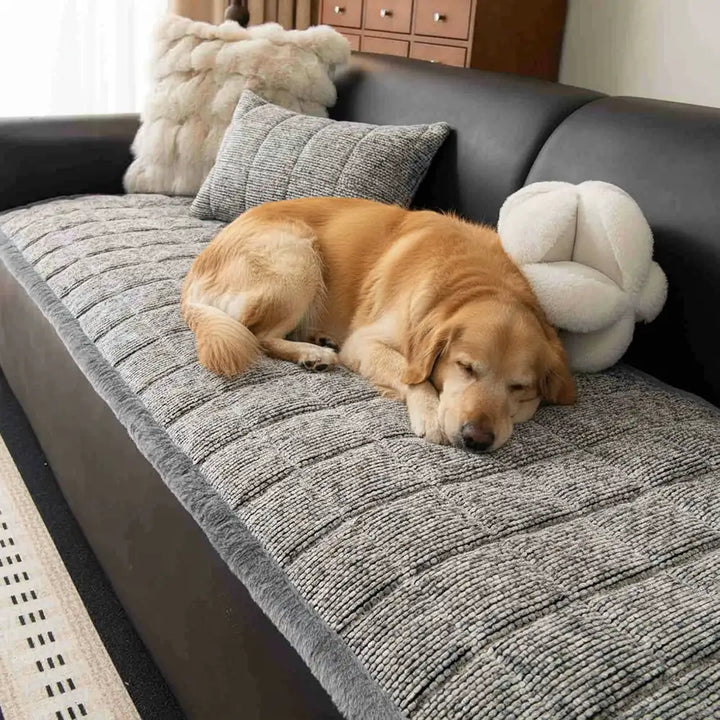 Close-up of the soft, textured pet-friendly chenille fabric on a non-slip sofa protector