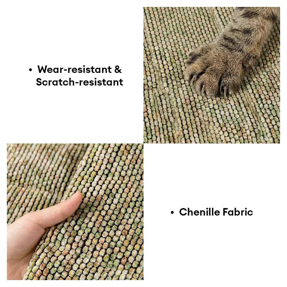 Overhead view of a neutral pet-friendly chenille couch cover providing full sofa protection