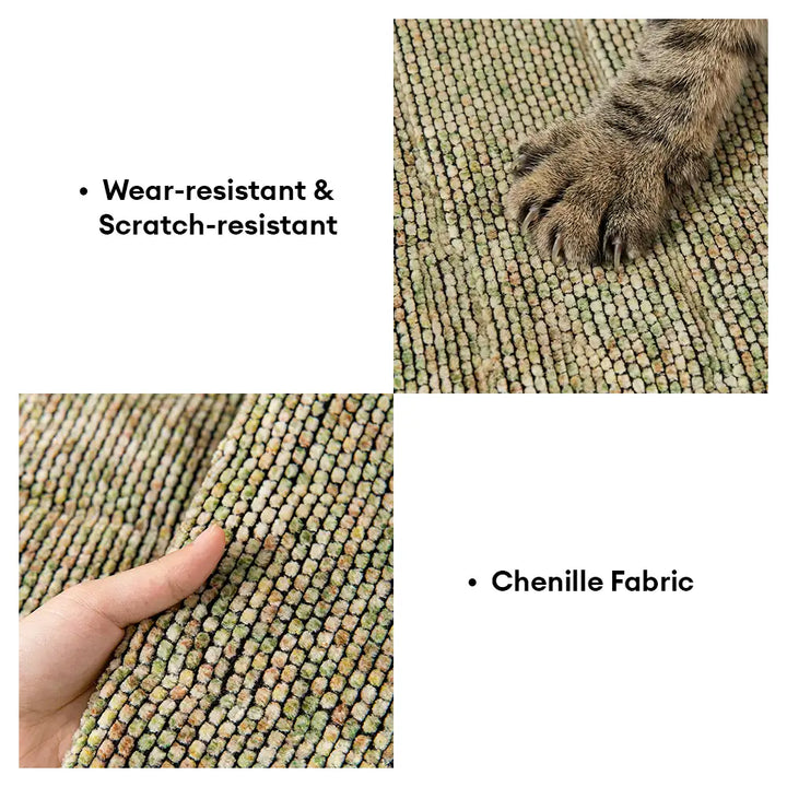 Overhead view of a neutral pet-friendly chenille couch cover providing full sofa protection