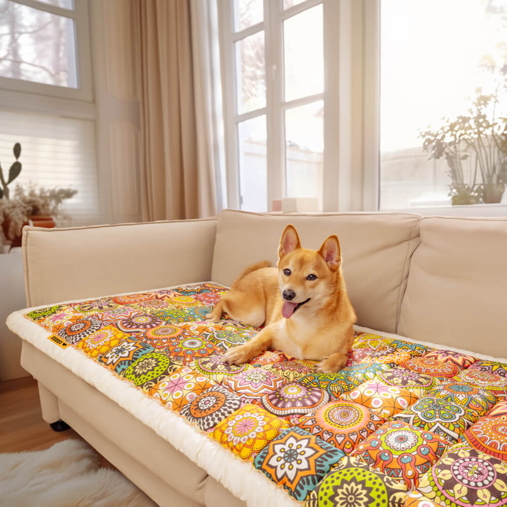Close-up of pet-friendly cotton sofa protector fabric, quilted texture, non-slip backing shown
