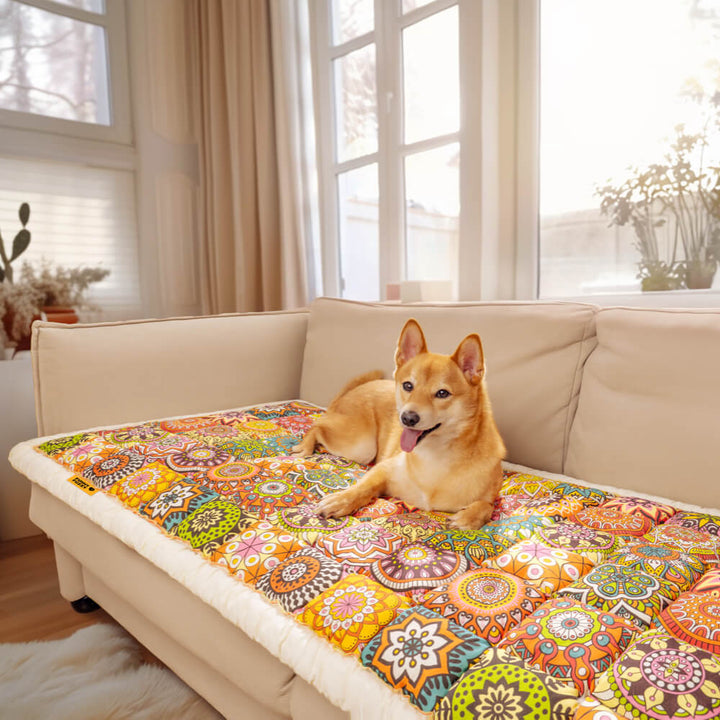 Close-up of pet-friendly cotton sofa protector fabric, quilted texture, non-slip backing shown