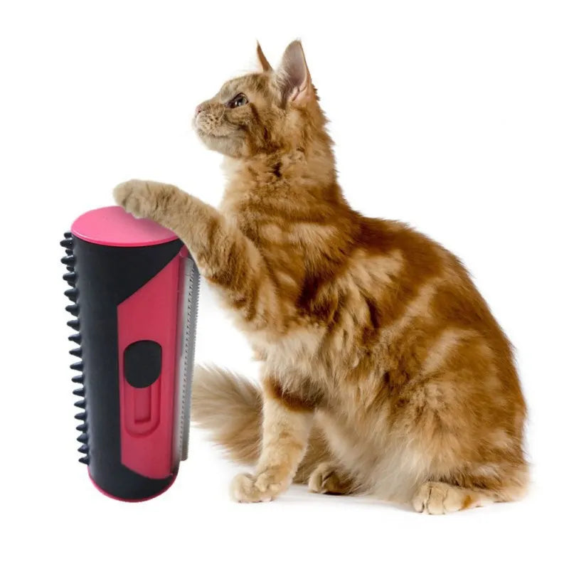 Pet fur grooming roller with self-cleaning function, removing cat hair from a sofa.