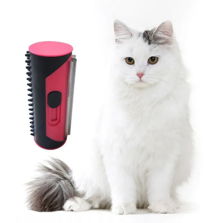 Dog hair removal roller with self-cleaning base, close-up on collected fur.