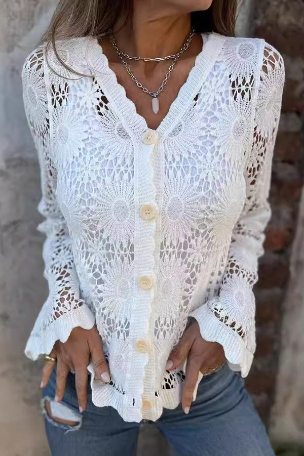 Chic women's button-front crochet cardigan with scalloped trim, V-neck knit, perfect for spring & summer layering.