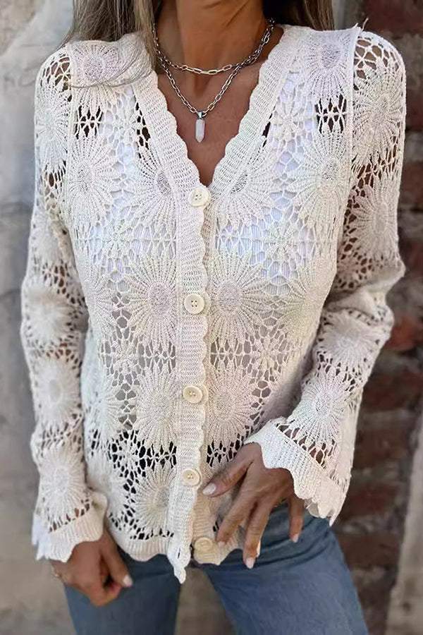 Stylish V-neck knit crochet cardigan for women, with button-front closure and intricate scalloped edges. Elegant apparel.