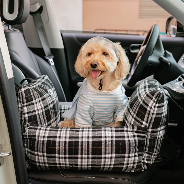 Comfortable vehicle pet seat: plaid dog car seat for small dogs, portable and safe.