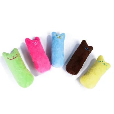 Interactive catnip plush chew toy for cats, designed for playful dental care.