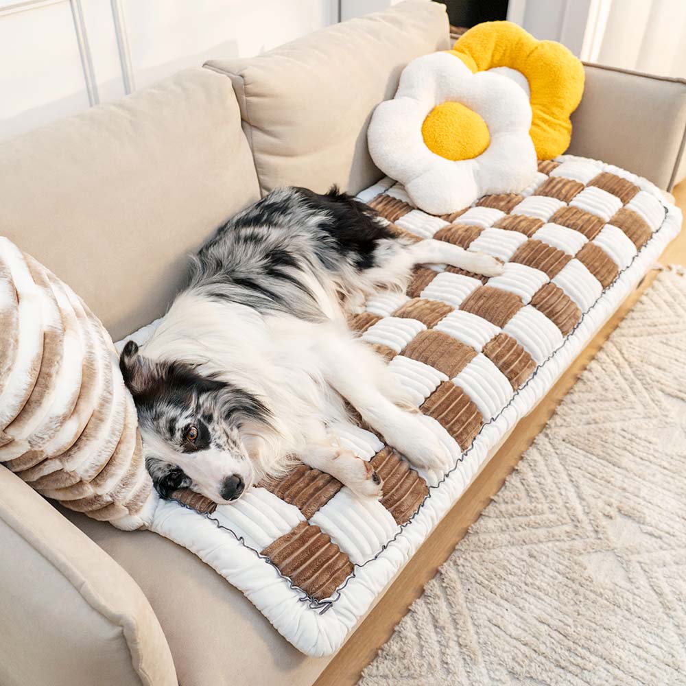 Neutral-colored chenille pet sofa cover, offering non-slip protection for furniture.