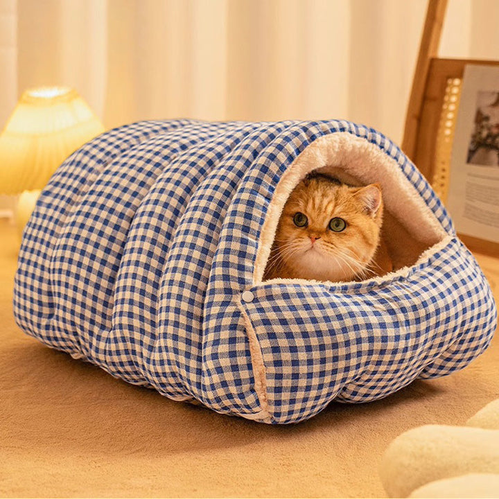 Plush enclosed cat cave bed for winter comfort, cozy and warm for anxiety relief
