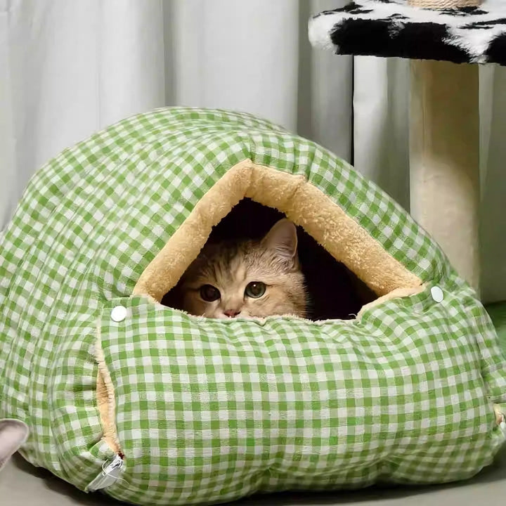 Unisex cat cave pet bed, soft gray plush, perfect for winter warmth and feline comfort