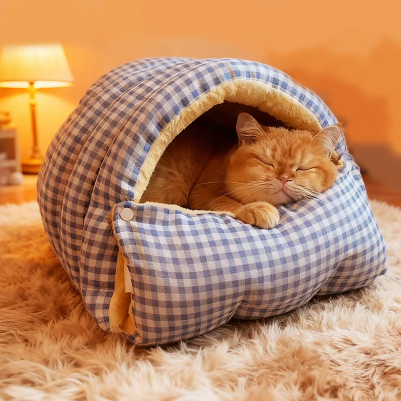 Washable cat bed, enclosed plush design offering a cozy hideaway for pets