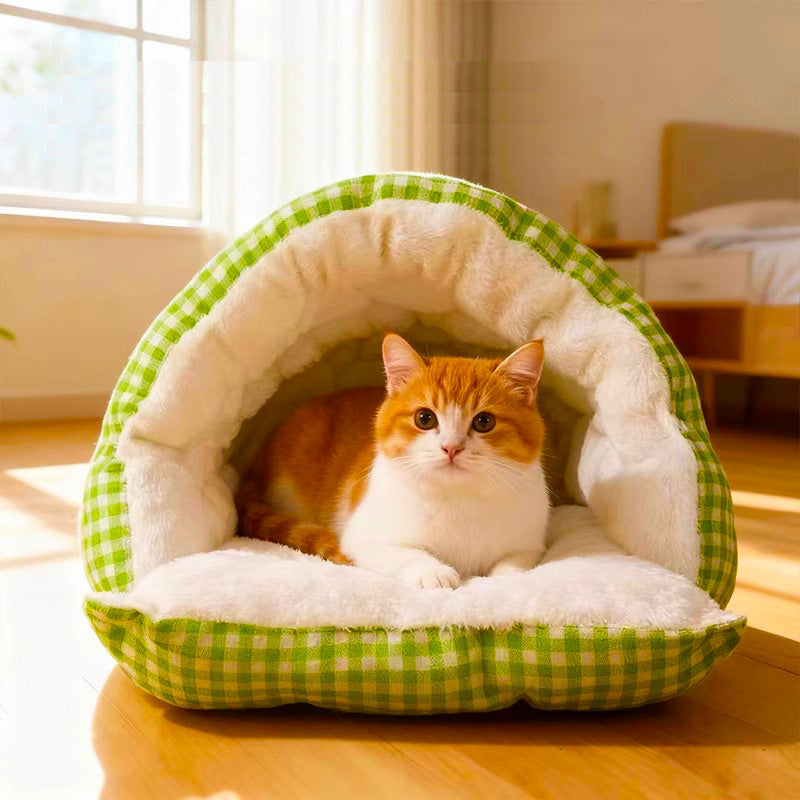 Cat bed in an enclosed cave style, providing secure comfort and warmth for winter