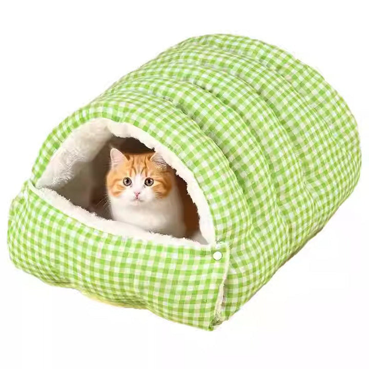 Cozy gray plush cat bed, enclosed cave for winter warmth and pet anxiety relief