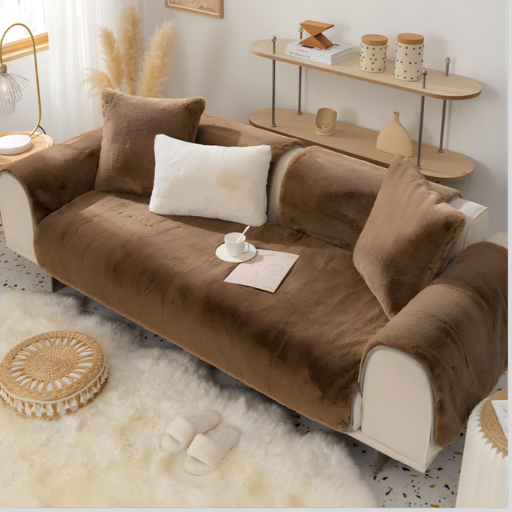 Luxurious brown faux fur sofa and sectional cover, non-slip, adds warmth, pet-friendly livingroom.
