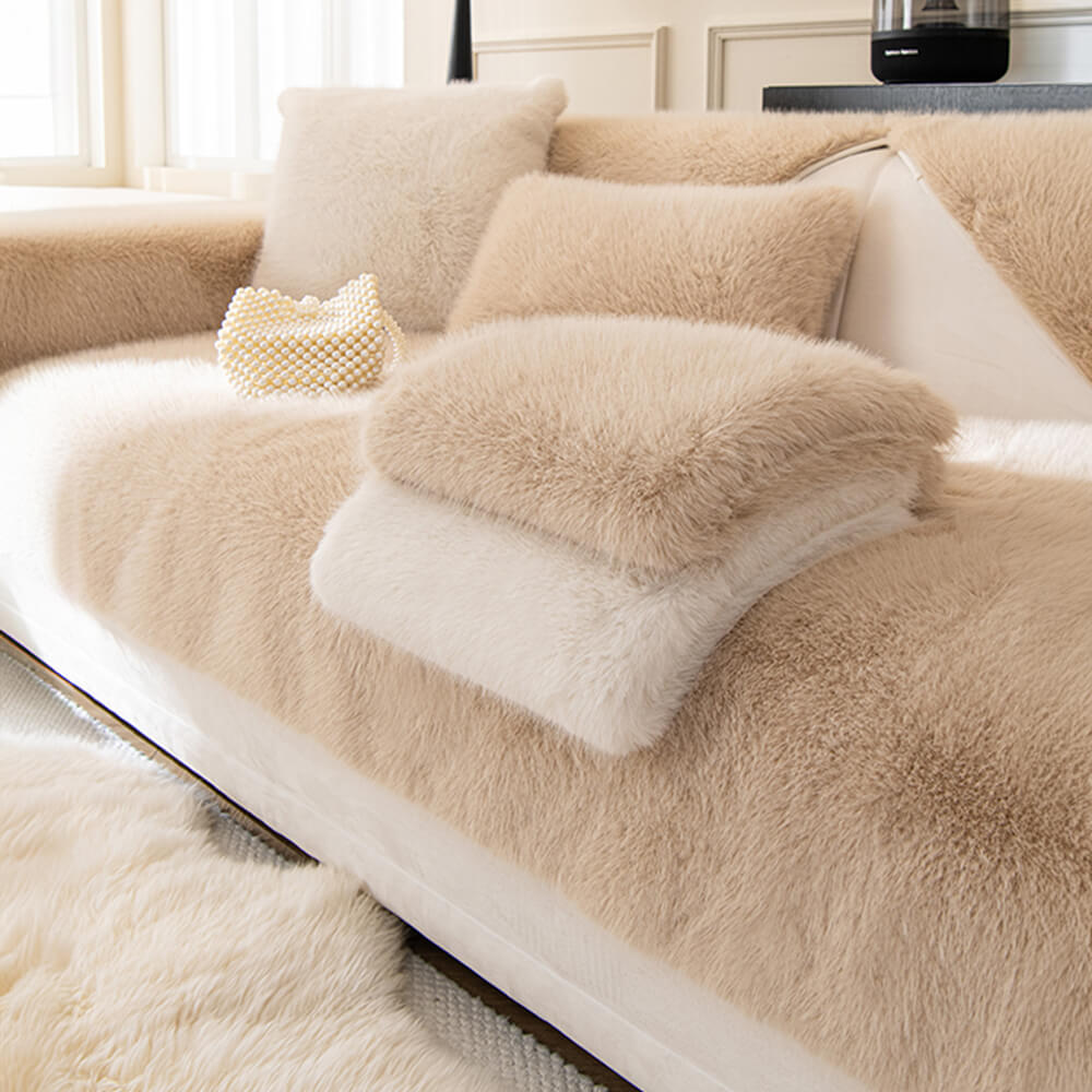 Plush faux fur sofa cover, non-slip, pet friendly, providing furniture protection for living room.