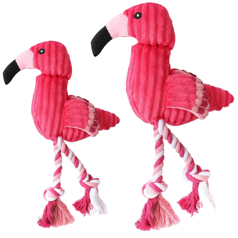 Durable pink flamingo plush dog toy for interactive play and canine enrichment