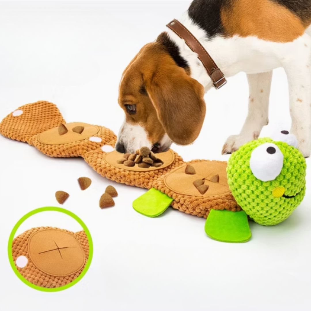 Plush green turtle dog toy offering interactive mental stimulation with treat-dispensing pockets.