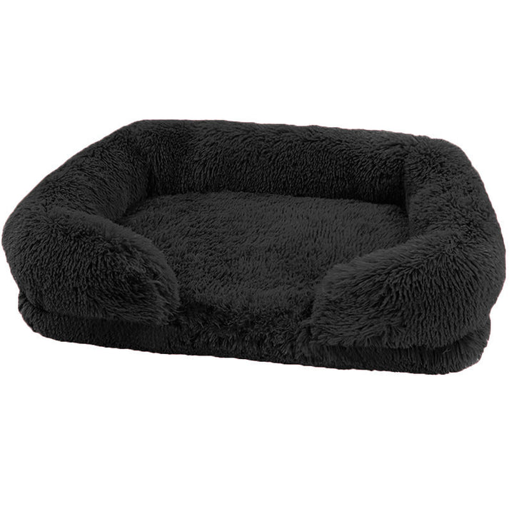 Supportive pet sofa bed with thick bolsters, blue plush, perfect for a dog or cat nap