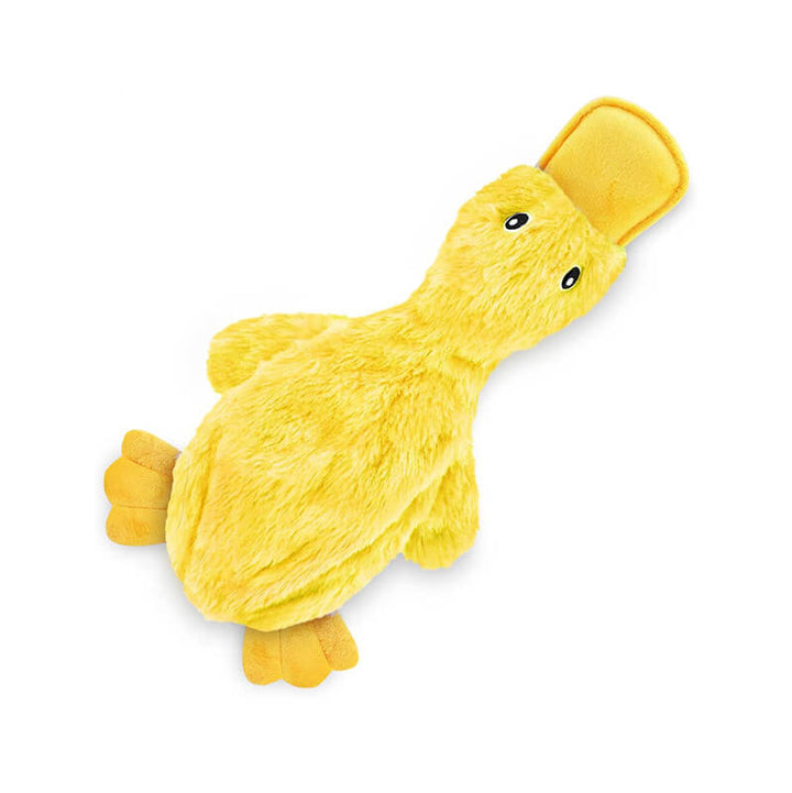 Plush yellow duck dog chew toy with squeaker, durable pet supply for playful pups.