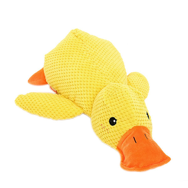 Plush yellow duck dog toy with rope legs, designed for calming and interactive play, suitable for puppies and small dogs.