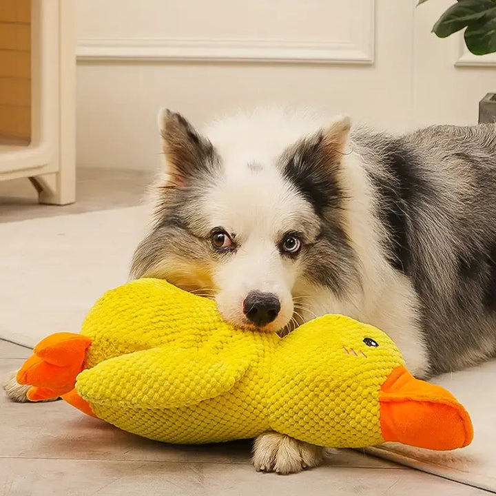 Close-up of a soft, squishy calming plush duck dog toy with crinkle sound, perfect for anxious pets and puppies.
