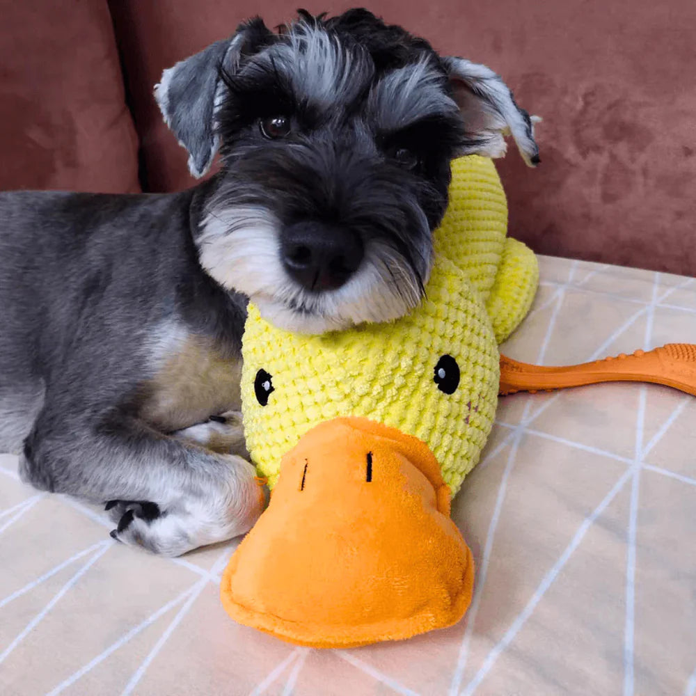 Dog toy in the shape of a yellow duck, made from soft, safe polyester for interactive play and calming effect.