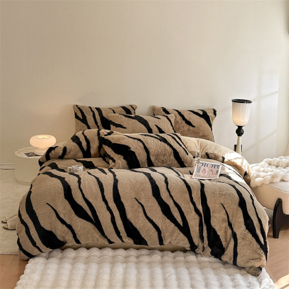Plush zebra print faux fur duvet cover & pillow shams, luxury king bedding set for a cozy bedroom