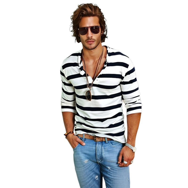 Men's casual long sleeve striped Henley t-shirt with buttons, perfect for everyday comfort in spring & fall.