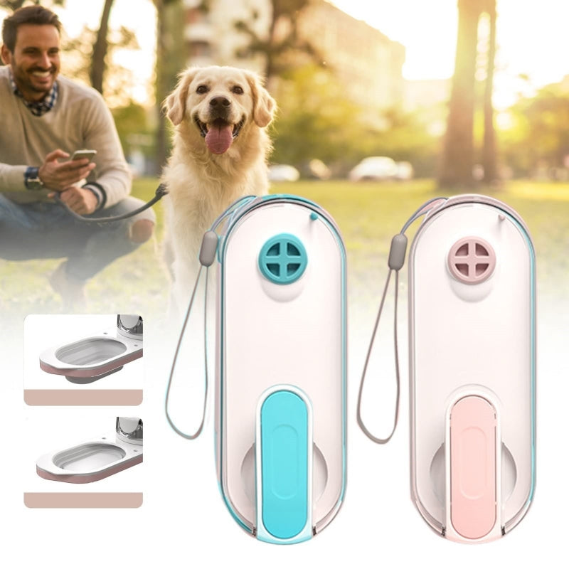 Foldable pet water bottle with attached collapsible bowl, ideal for walking dogs and hiking adventures.