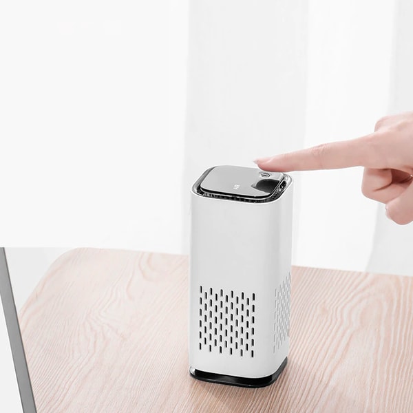 Side profile of a portable pet air purifier, ideal for removing allergens and dander.