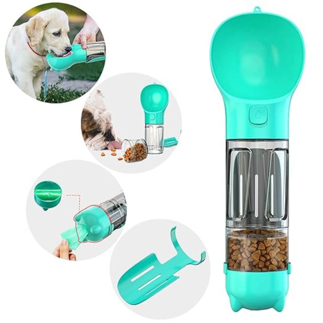 Portable pet water bottle with food dispenser & scoop, perfect for dog travel