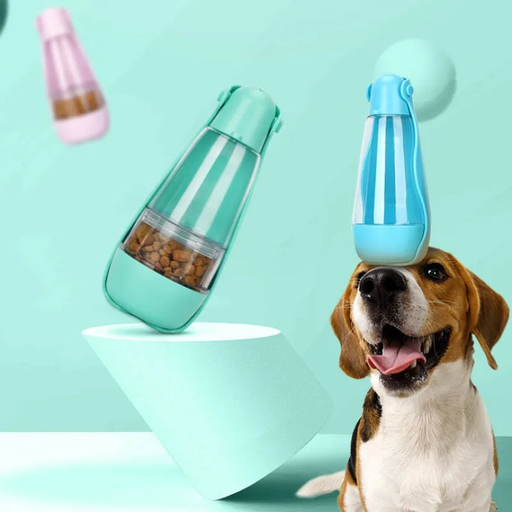 Portable pet water bottle with integrated food bowl, ideal for hydrating dogs and cats on the go