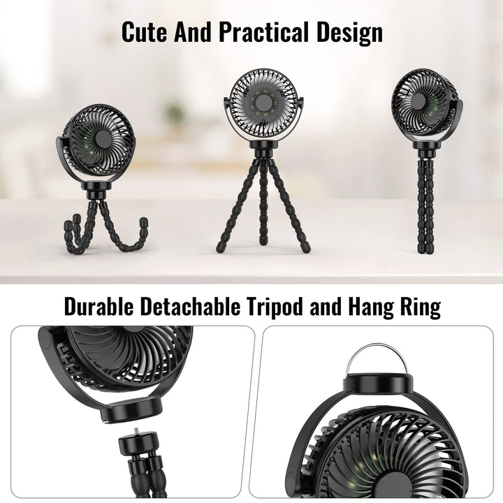 Portable fan with LED light and quiet operation, perfect for camping & nighttime cooling.