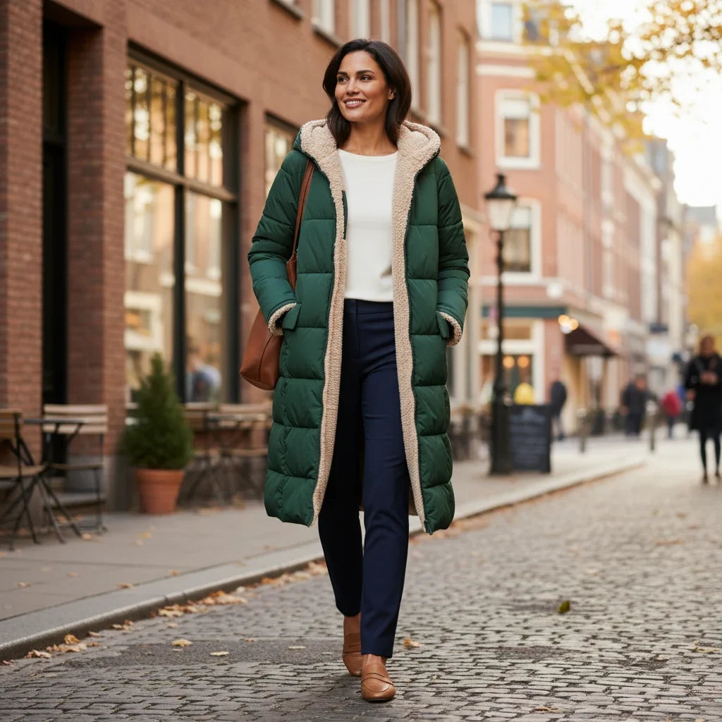 Stylish women's oversized winter jacket, a warm hooded puffer for cold days.