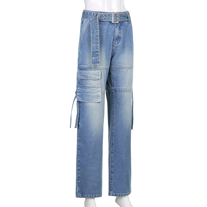 Aesthetic women's jeans showcasing unique sashes and a high-waist fit, perfect for casual fashion.