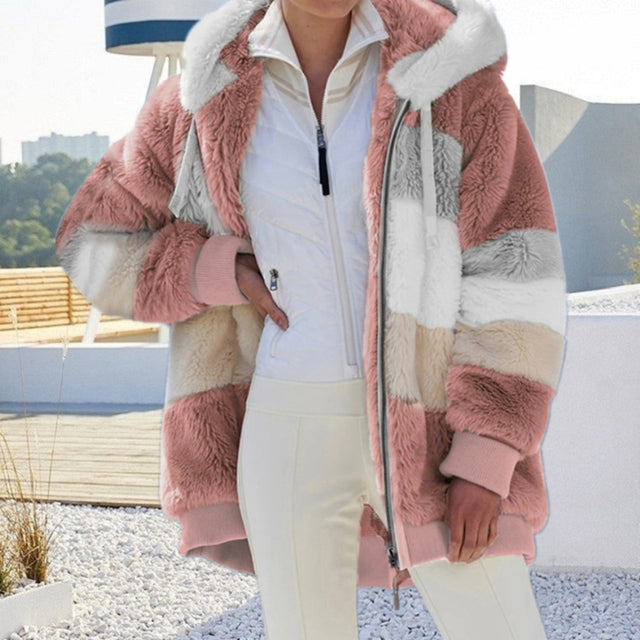 Warm women's winter coat, soft plush material. Cozy ladies jacket, perfect for cold weather and everyday style.