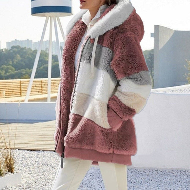 Cozy women's plush jacket, perfect for winter fashion. Warm ladies outerwear, designed for style and comfort.