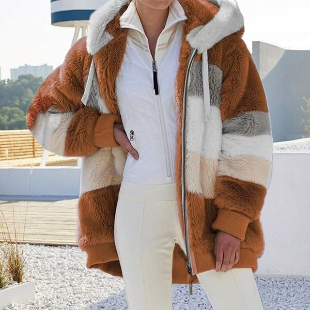 Women's plush winter jacket, combining warmth and style. Cozy outerwear for ladies, a must-have for winter fashion.