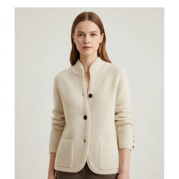Relaxed fit women's knit jacket with stylish button front, ideal for comfortable and versatile fall & spring fashion.