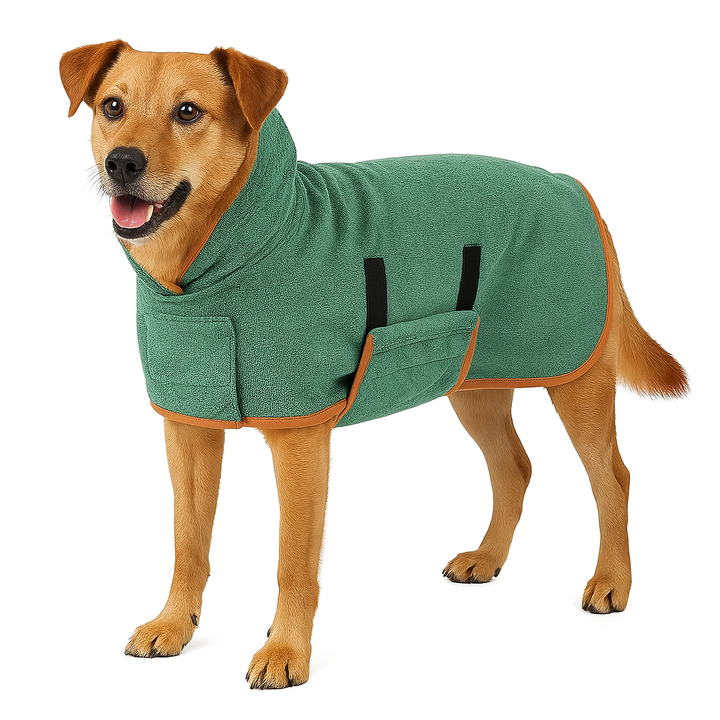 Green quick-absorbent pet coat, designed for effective dog grooming and drying