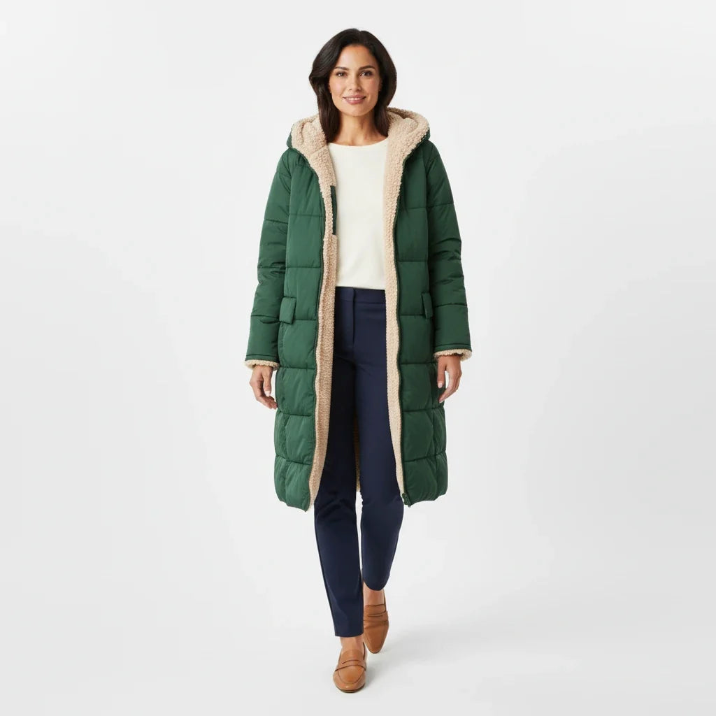 Long women's hooded puffer coat, designed for maximum warmth in winter.