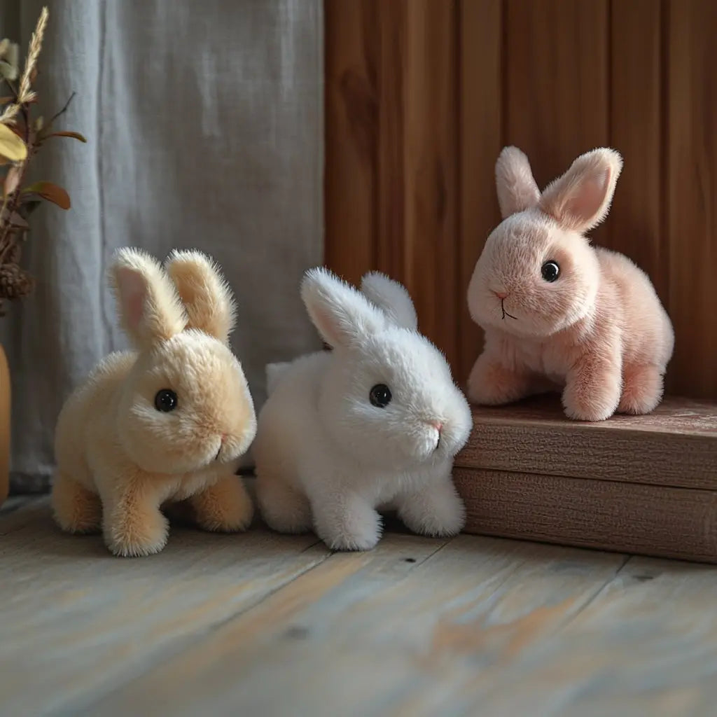 Animated realistic rabbit plush toy, soft fur, interactive hopping action, great gift for kids and animal lovers.